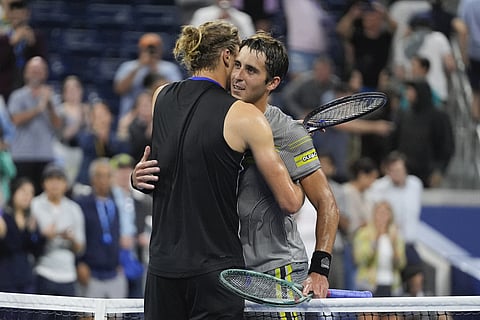 US Open 2024: Argentina's Tomas Martin Etcheverry, right, embraces Germany's Alexander Zverev